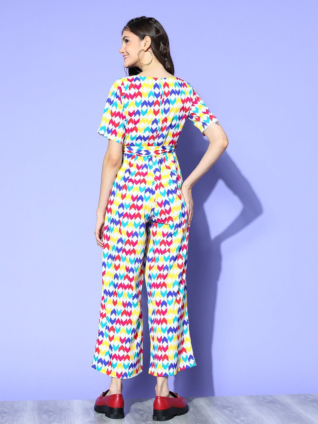 Folk Republic Women White & Multicolour Geometric Printed Round Neck Tie-Up Waist Wide Leg Regular Jumpsuit - #folk republic#