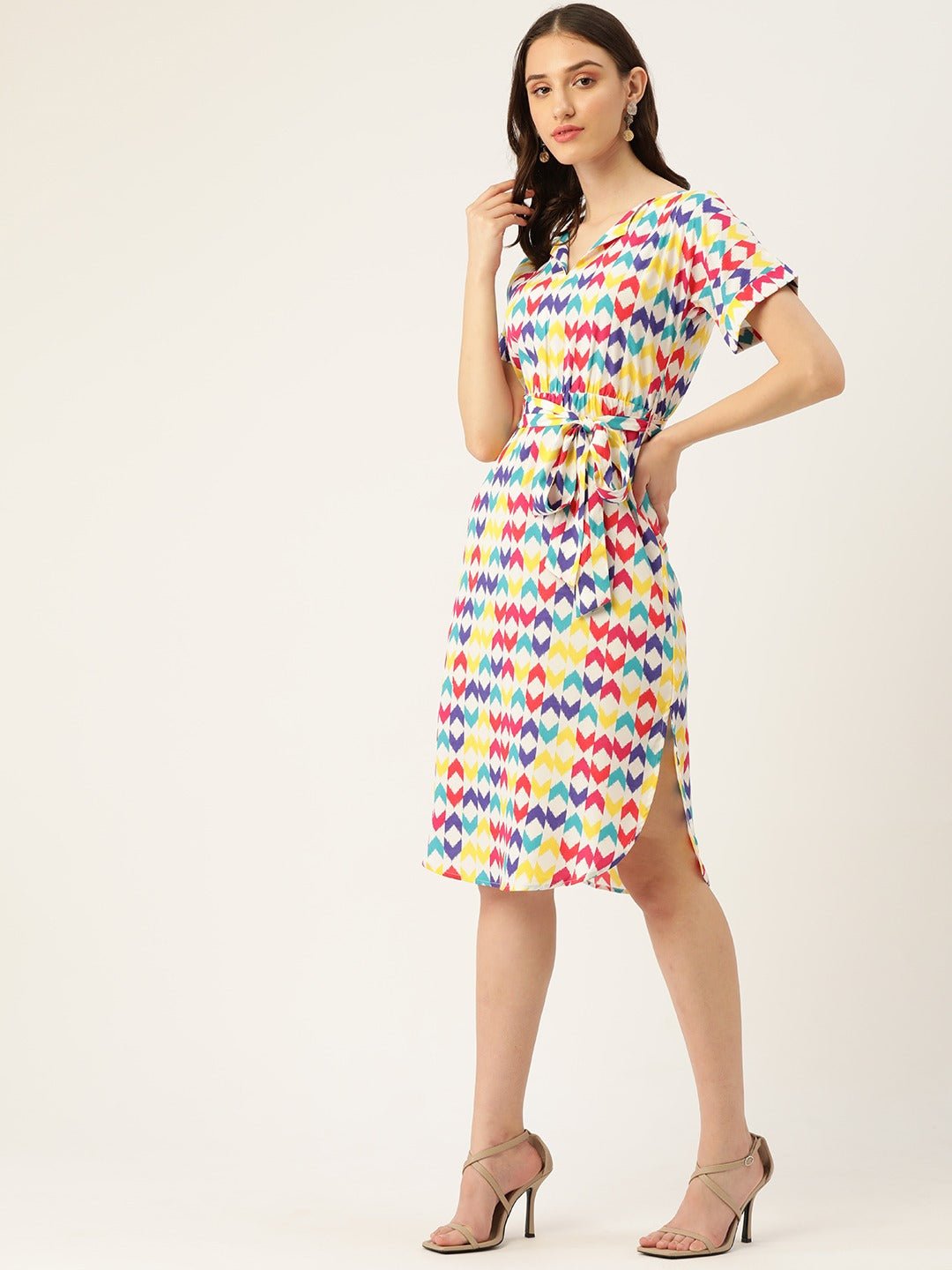 Folk Republic Women White & Multicolour Geometric Printed Shirt Collar Neck Waist Tie-Up Crepe Side-Slited A-Line Midi Dress - #folk republic#