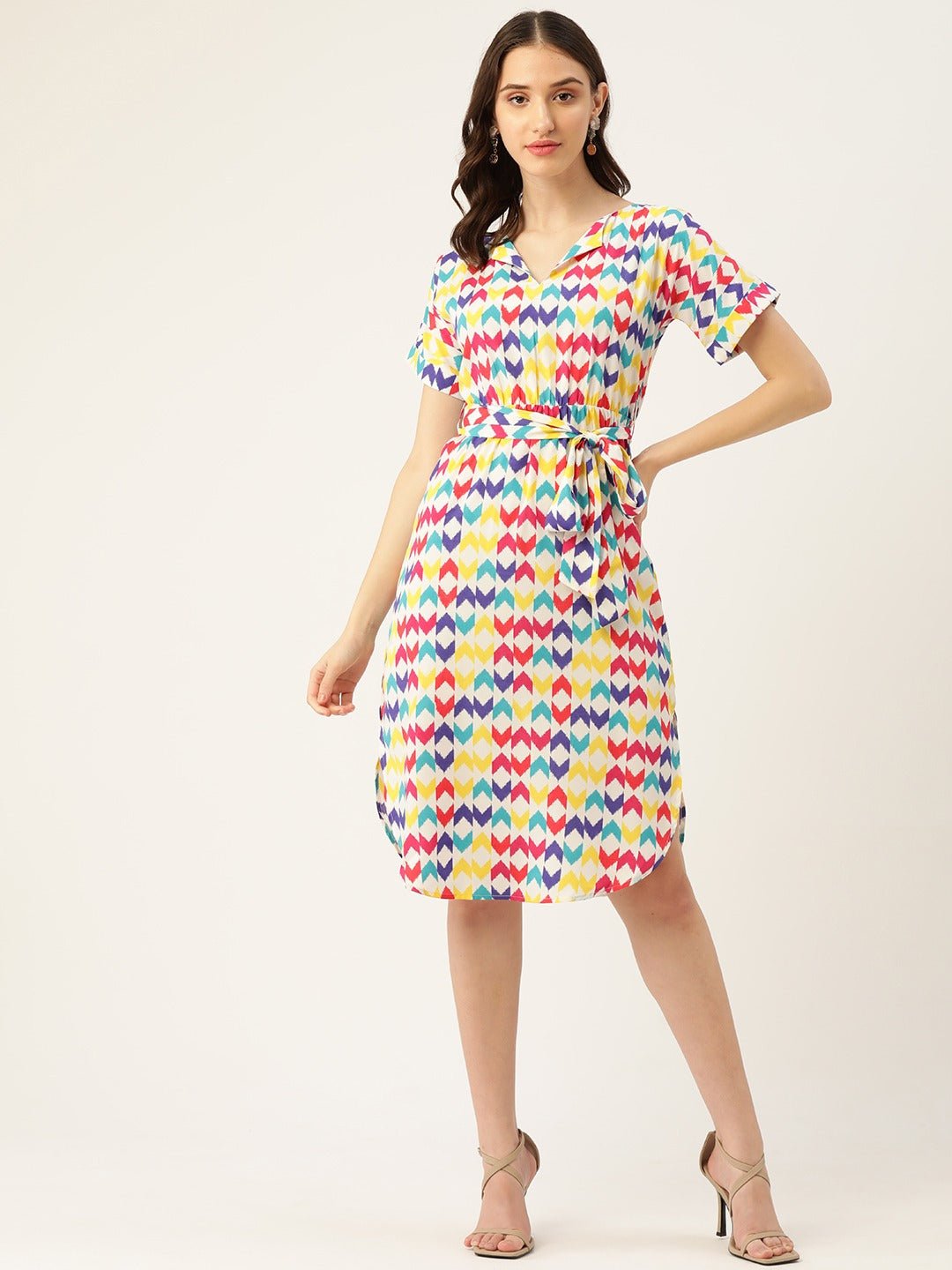 Folk Republic Women White & Multicolour Geometric Printed Shirt Collar Neck Waist Tie-Up Crepe Side-Slited A-Line Midi Dress - #folk republic#