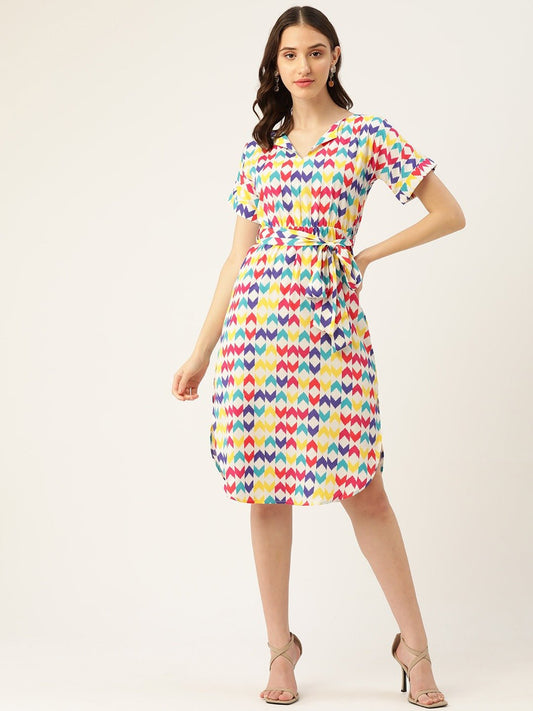 Folk Republic Women White & Multicolour Geometric Printed Shirt Collar Neck Waist Tie-Up Crepe Side-Slited A-Line Midi Dress - #folk republic#
