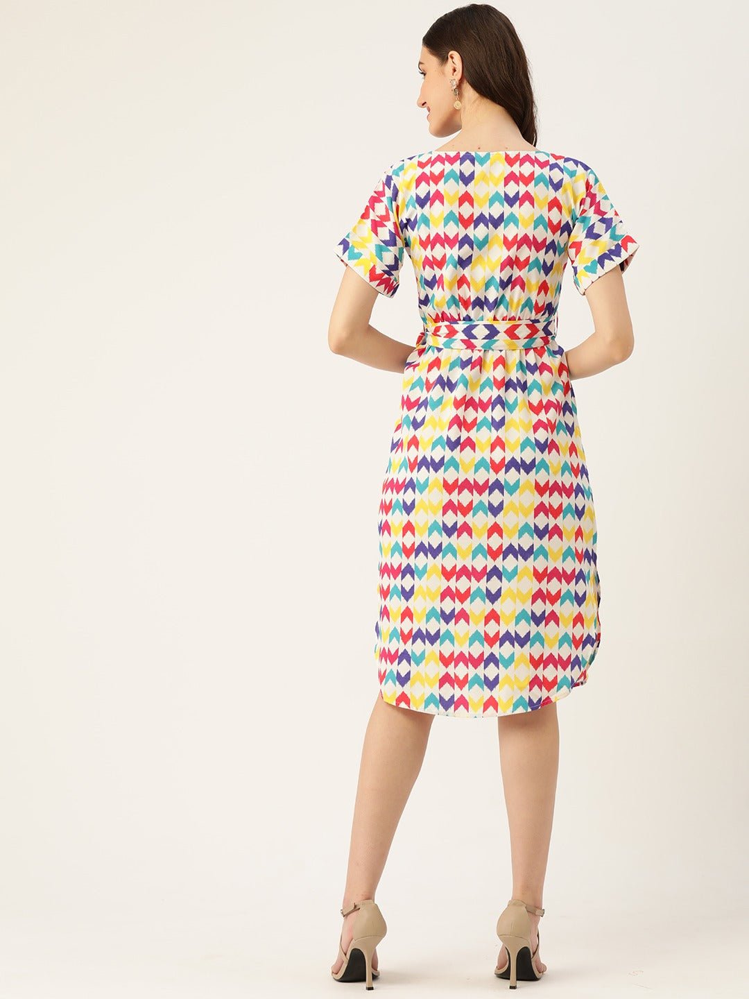 Folk Republic Women White & Multicolour Geometric Printed Shirt Collar Neck Waist Tie-Up Crepe Side-Slited A-Line Midi Dress - #folk republic#