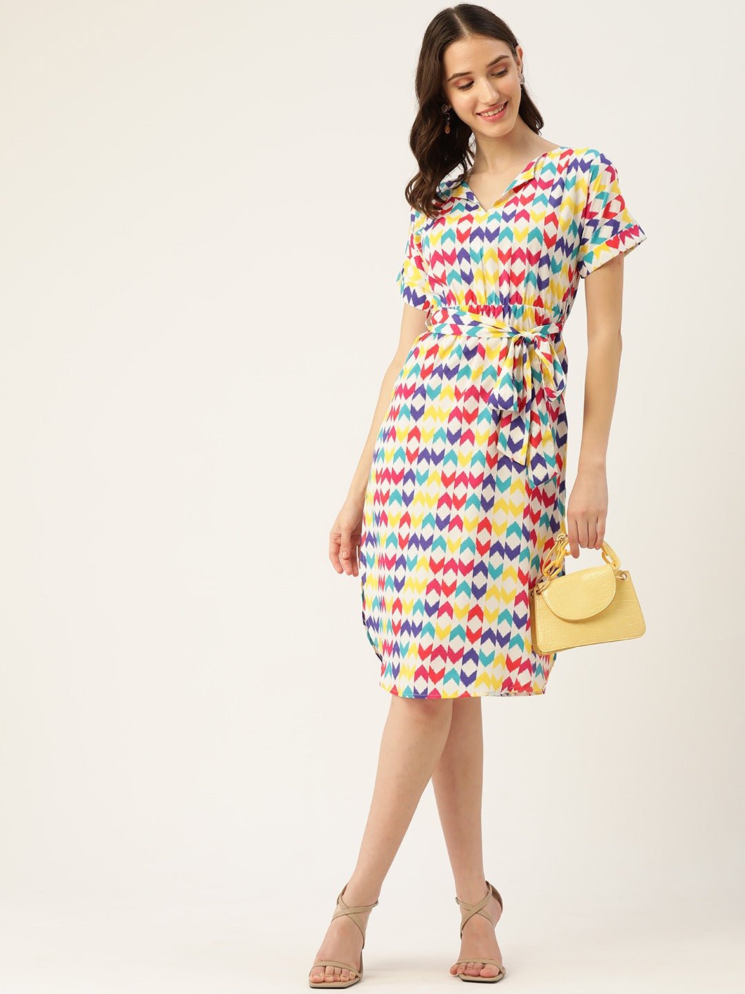 Folk Republic Women White & Multicolour Geometric Printed Shirt Collar Neck Waist Tie-Up Crepe Side-Slited A-Line Midi Dress - #folk republic#