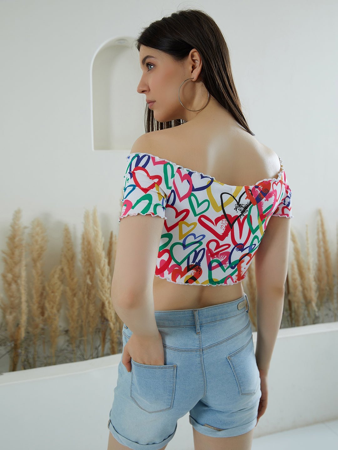 Folk Republic Women White & Multicolour Heart Printed Off-Shoulder Neck Slim-Fit Lettuce Trim Knitted Crop T-Shirt - #folk republic#