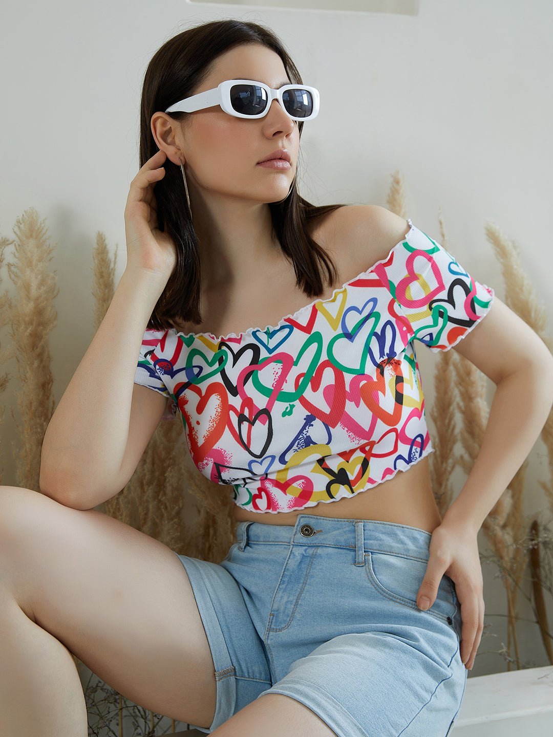 Folk Republic Women White & Multicolour Heart Printed Off-Shoulder Neck Slim-Fit Lettuce Trim Knitted Crop T-Shirt - #folk republic#