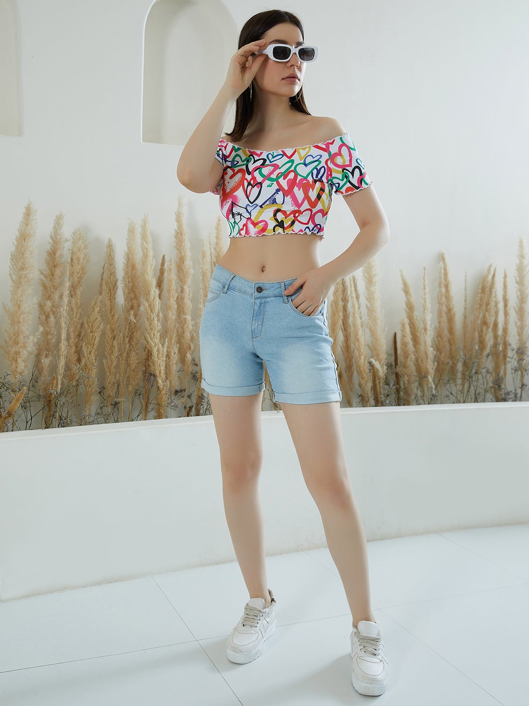 Folk Republic Women White & Multicolour Heart Printed Off-Shoulder Neck Slim-Fit Lettuce Trim Knitted Crop T-Shirt - #folk republic#