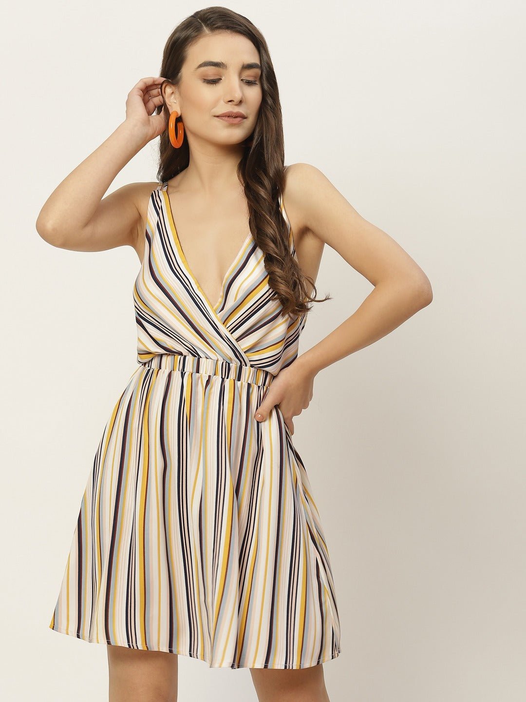 Folk Republic Women White & Multicolour Stripe Printed V-Neck Open Back Straight Hem A-Line Mini Dress - #folk republic#