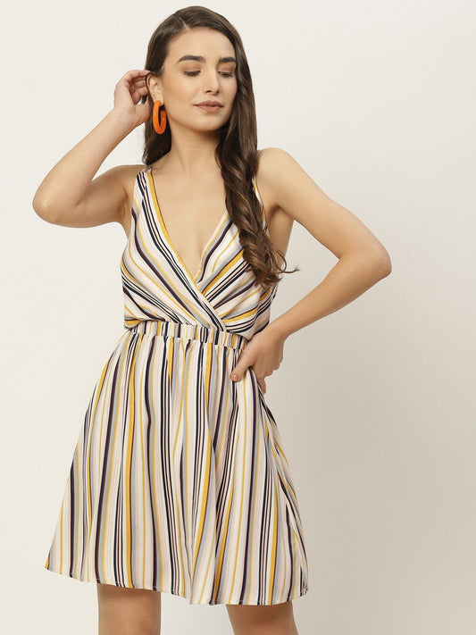 Folk Republic Women White & Multicolour Stripe Printed V-Neck Open Back Straight Hem A-Line Mini Dress - #folk republic#