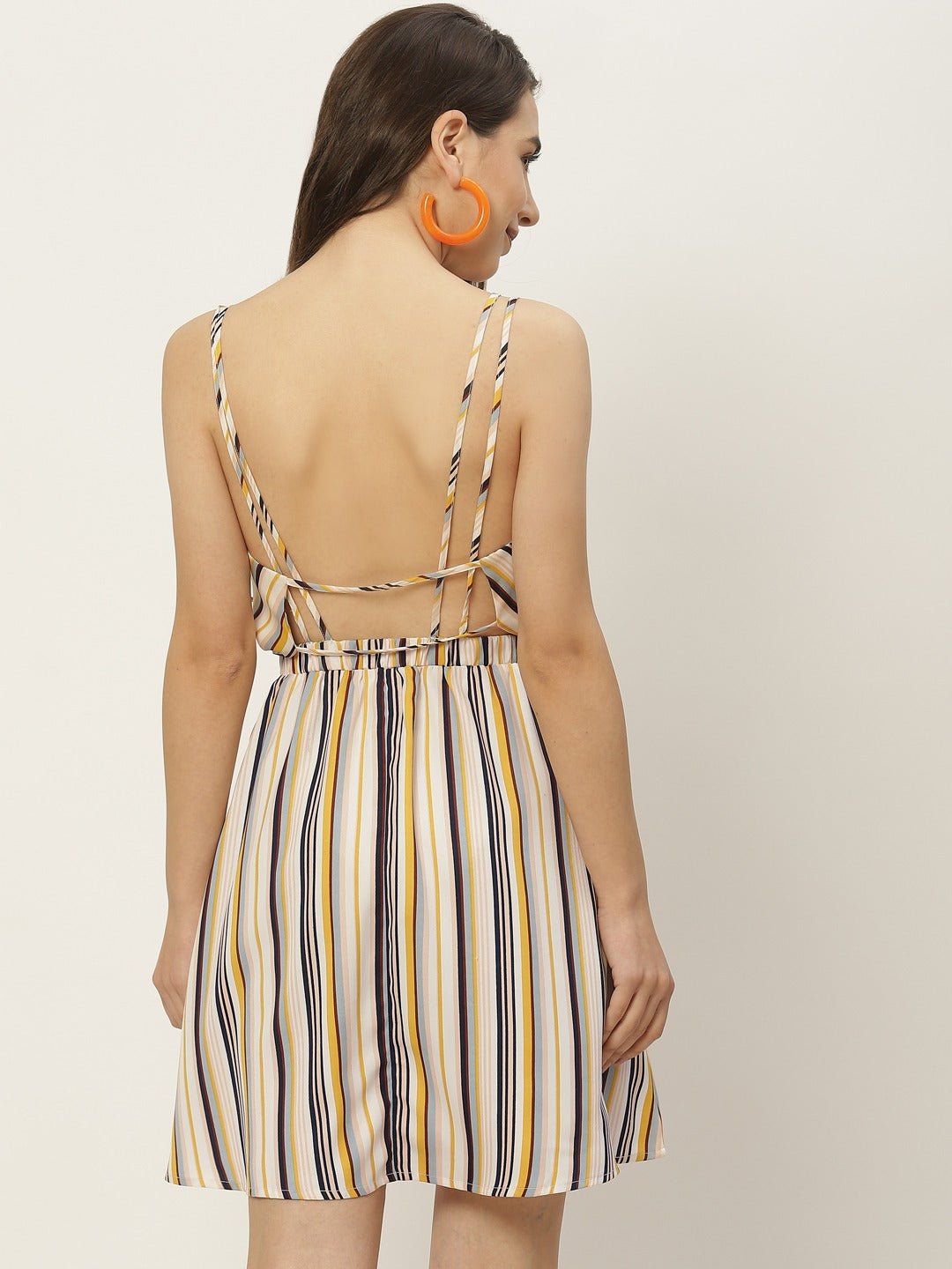 Folk Republic Women White & Multicolour Stripe Printed V-Neck Open Back Straight Hem A-Line Mini Dress - #folk republic#