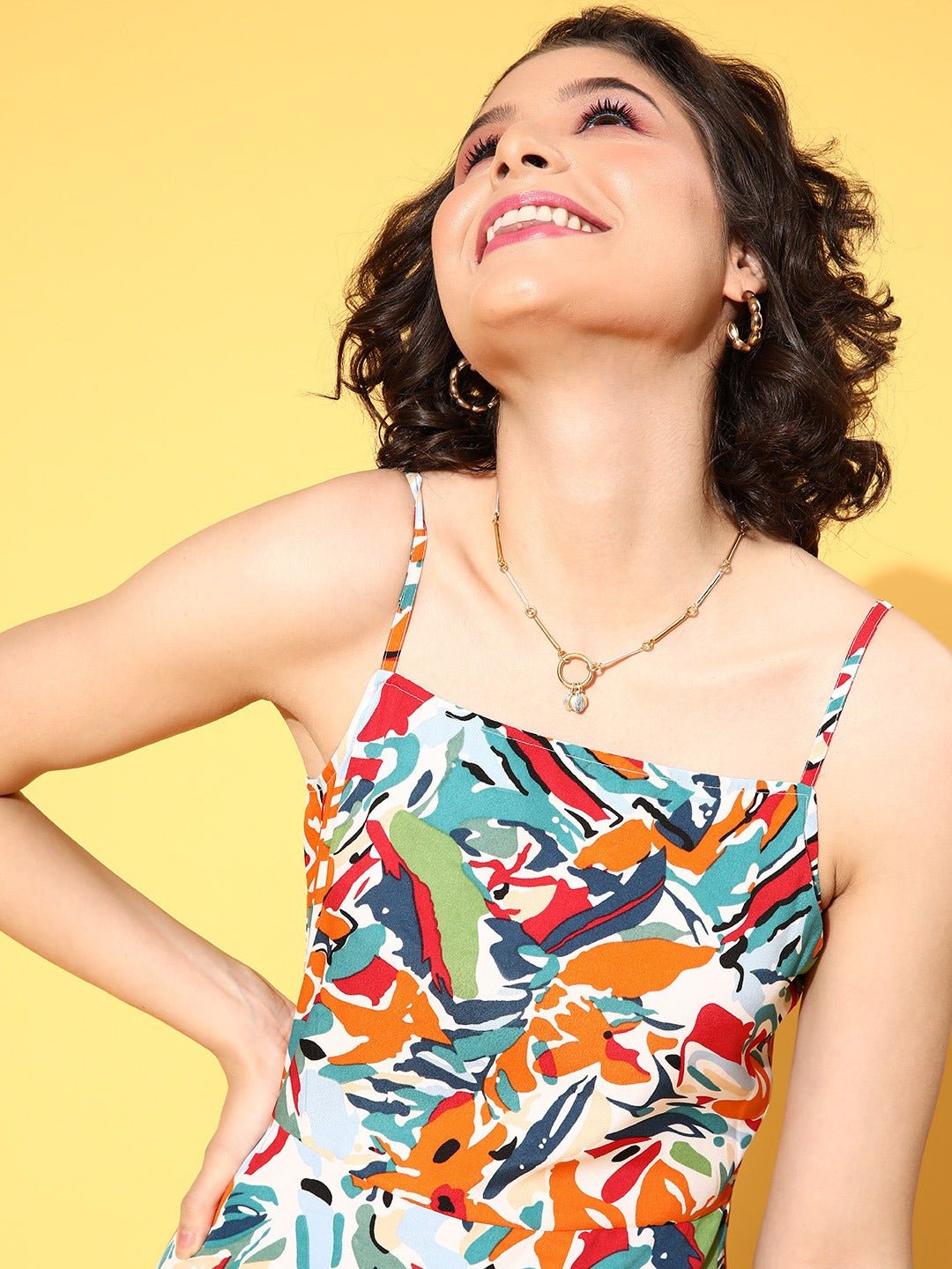 Folk Republic Women White & Multicoloured Abstract Printed Square Neck Crepe Flared A-Line Mini Dress - #folk republic#