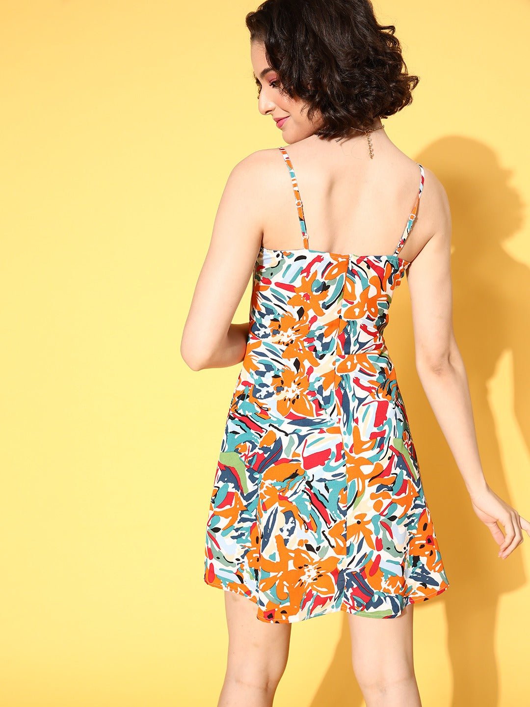 Folk Republic Women White & Multicoloured Abstract Printed Square Neck Crepe Flared A-Line Mini Dress - #folk republic#