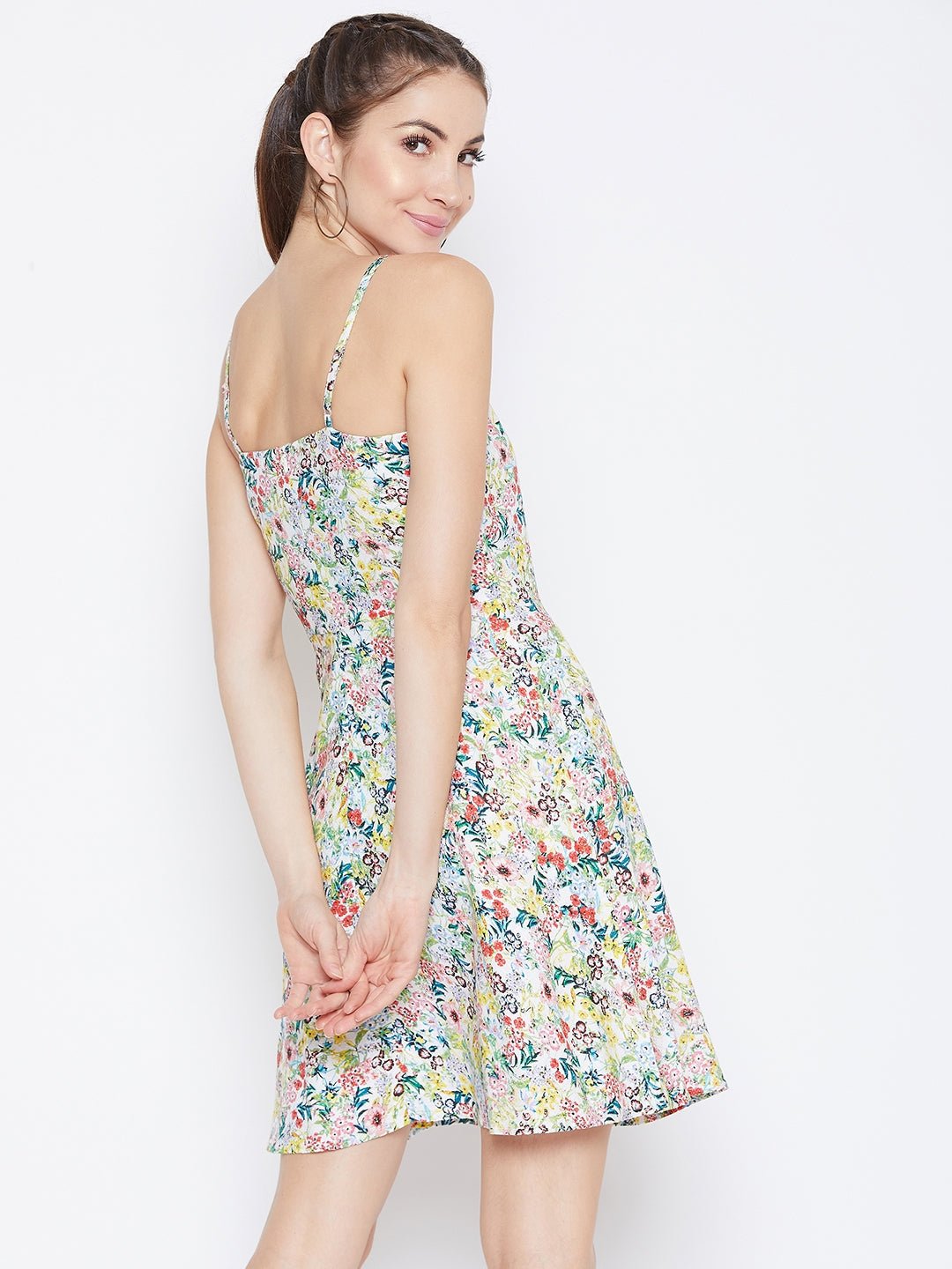 Folk Republic Women White & Multicoloured Floral Printed Square Neck Fit & Flare Mini Dress - #folk republic#