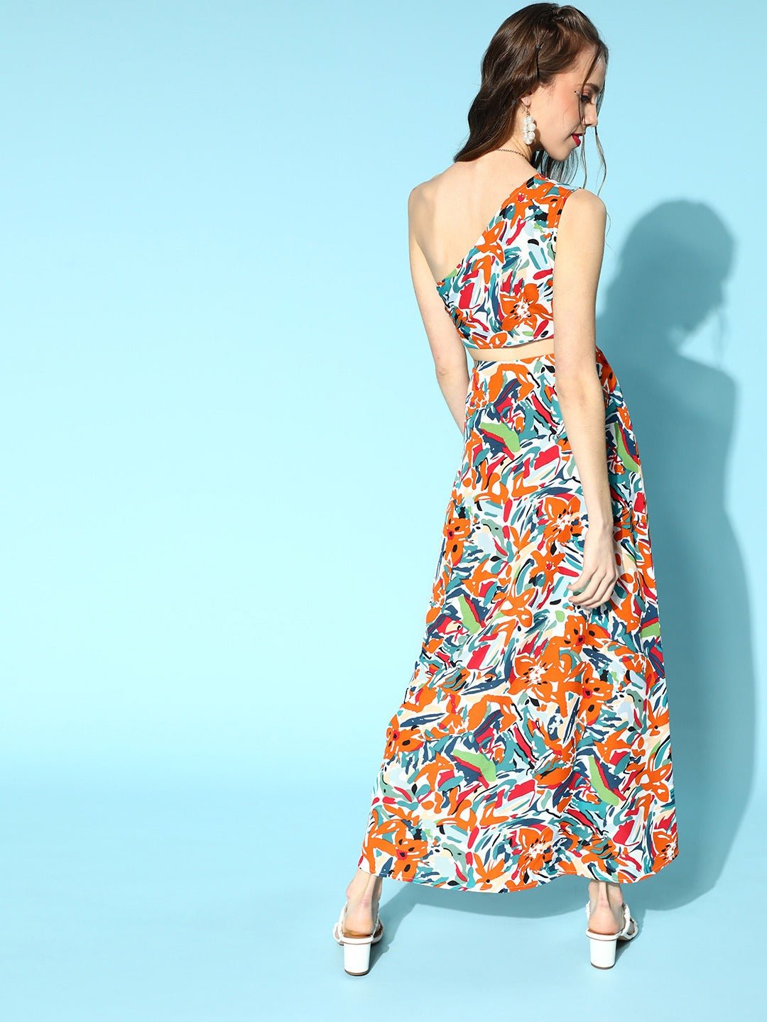 Folk Republic Women White & Orange Brushstroke Printed One-Shoulder Neck Thigh-High Slit Maxi Co-Ordinate Set - #folk republic#