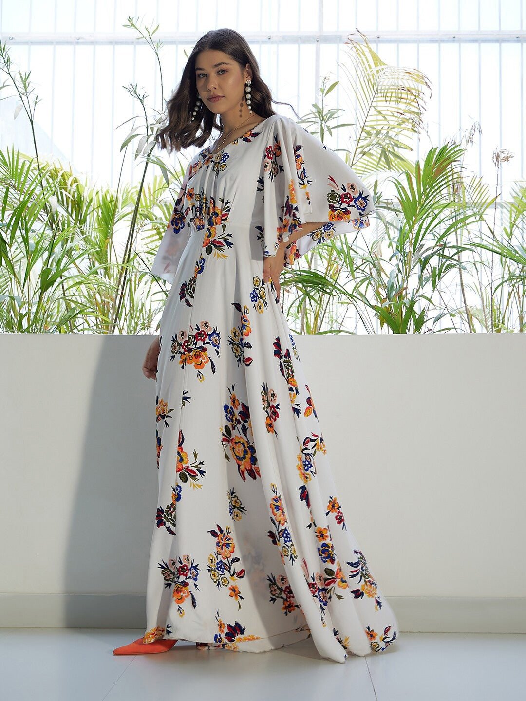 Folk Republic Women White & Orange Floral Printed V-Neck Bell Sleeves Flared Maxi Dress - #folk republic#