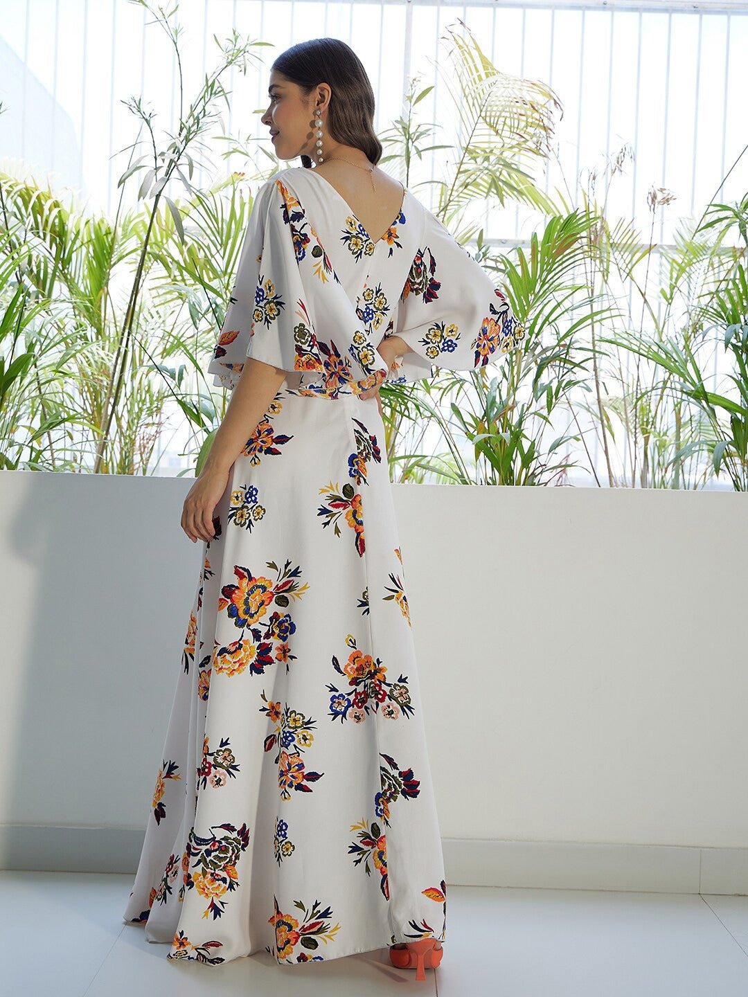 Folk Republic Women White & Orange Floral Printed V-Neck Bell Sleeves Flared Maxi Dress - #folk republic#