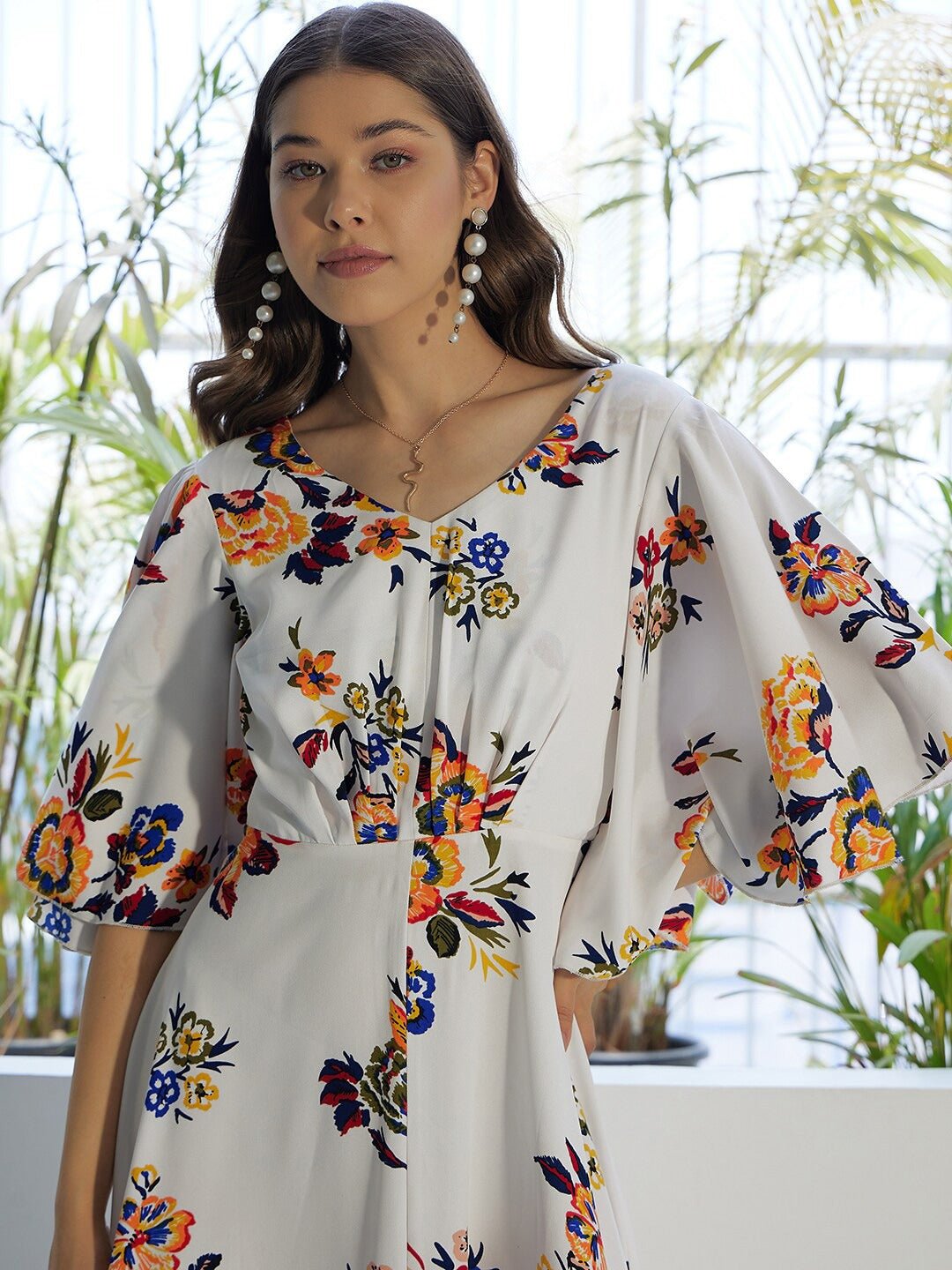 Folk Republic Women White & Orange Floral Printed V-Neck Bell Sleeves Flared Maxi Dress - #folk republic#