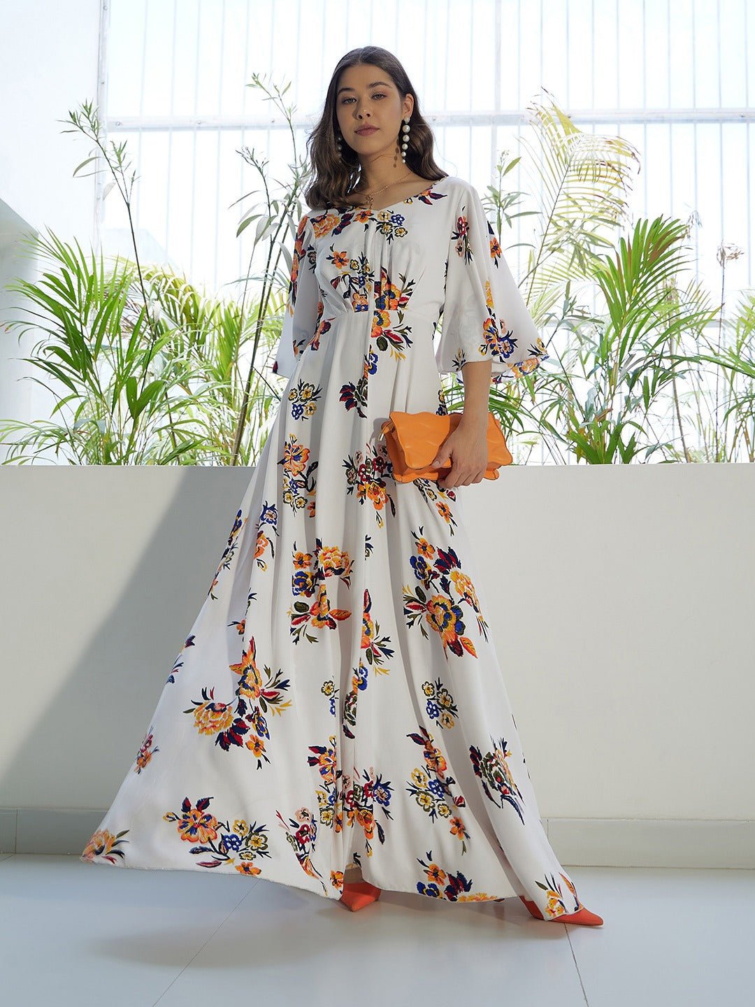 Folk Republic Women White & Orange Floral Printed V-Neck Bell Sleeves Flared Maxi Dress - #folk republic#