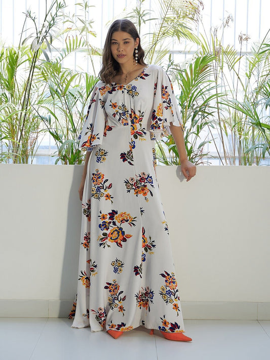 Folk Republic Women White & Orange Floral Printed V-Neck Bell Sleeves Flared Maxi Dress - #folk republic#