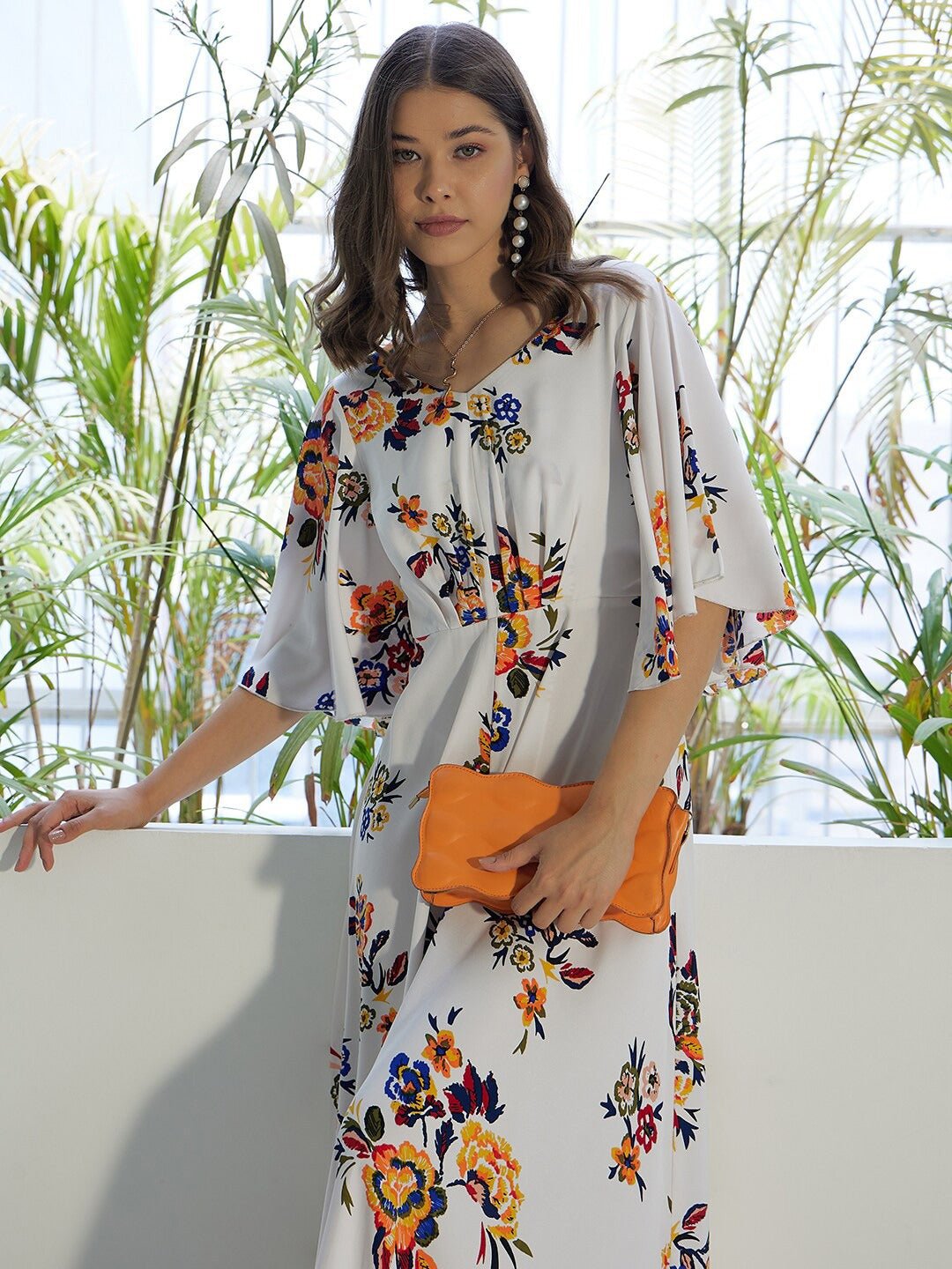 Folk Republic Women White & Orange Floral Printed V-Neck Bell Sleeves Flared Maxi Dress - #folk republic#