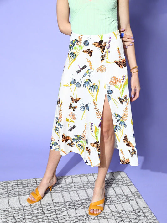 Folk Republic Women White & Peach Butterfly Printed Thigh-High Slit Flared A-Line Midi Skirt - #folk republic#