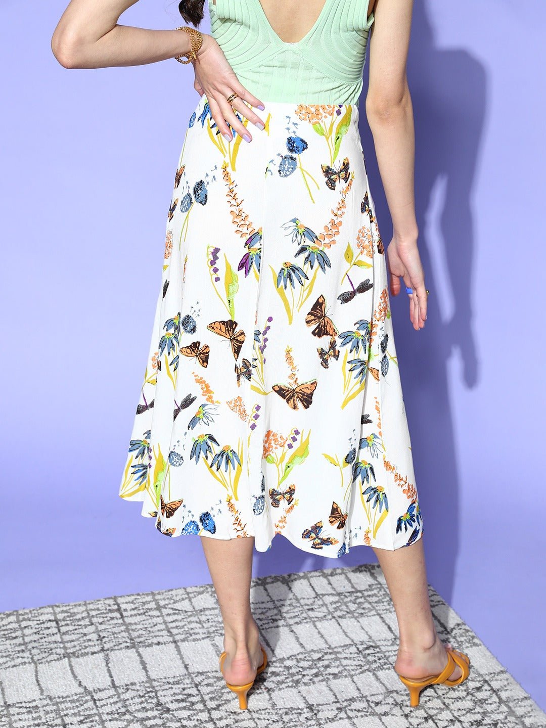 Folk Republic Women White & Peach Butterfly Printed Thigh-High Slit Flared A-Line Midi Skirt - #folk republic#