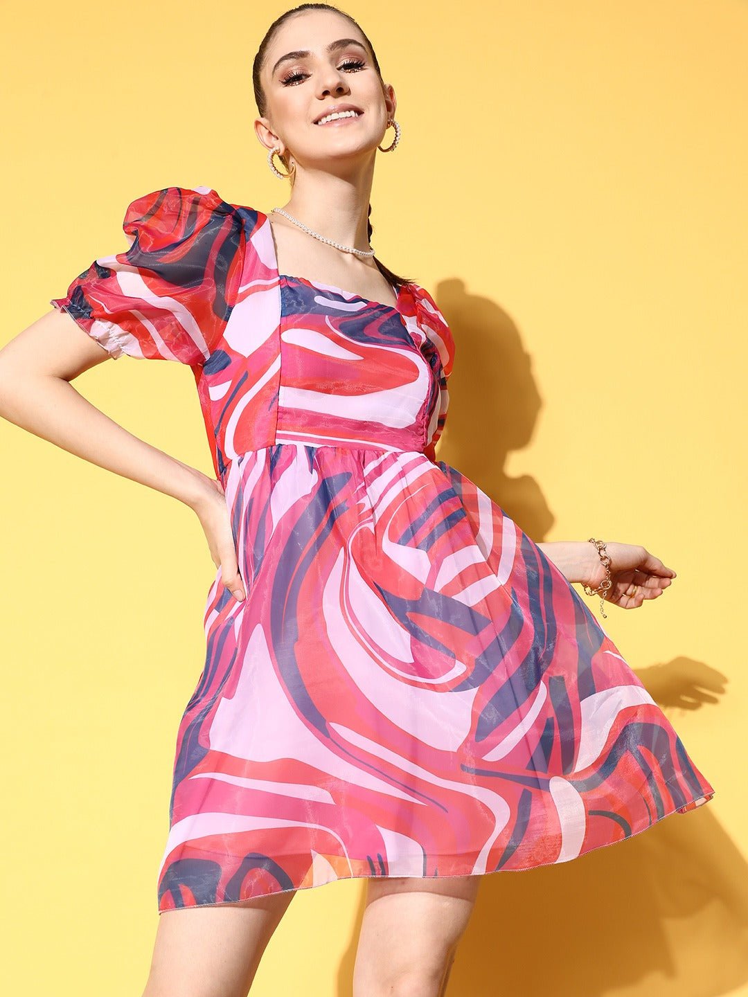 Folk Republic Women White, Pink, & Blue Abstract Printed Square Neck Back Tie-Up Netted Fit & Flare Mini Dress - #folk republic#