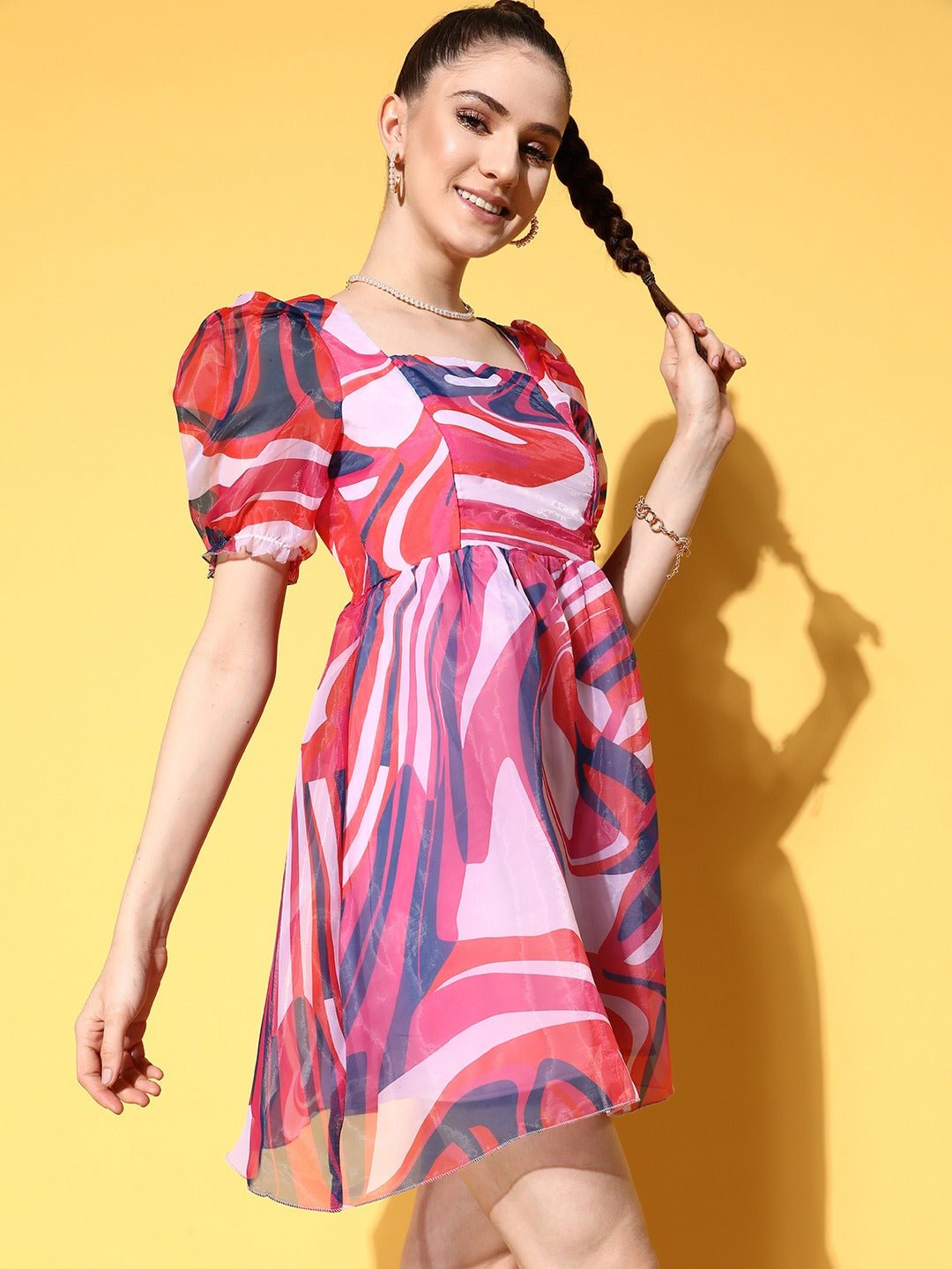 Folk Republic Women White, Pink, & Blue Abstract Printed Square Neck Back Tie-Up Netted Fit & Flare Mini Dress - #folk republic#