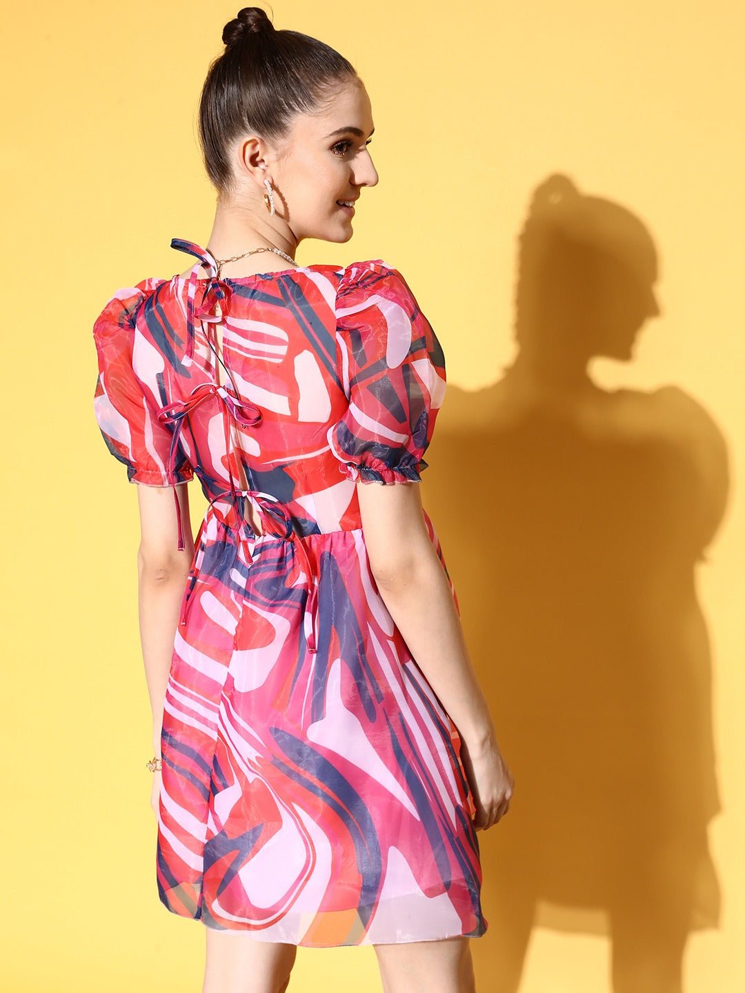 Folk Republic Women White, Pink, & Blue Abstract Printed Square Neck Back Tie-Up Netted Fit & Flare Mini Dress - #folk republic#