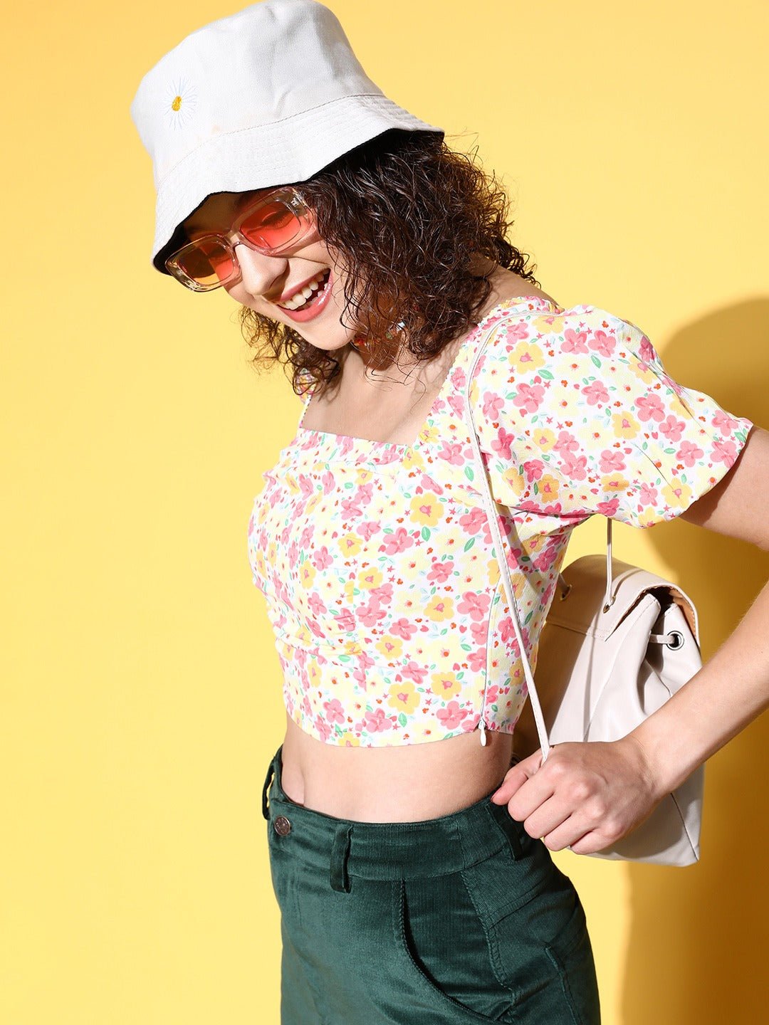 Folk Republic Women White & Pink Floral Printed Square Neck Crepe Cropped Top - #folk republic#