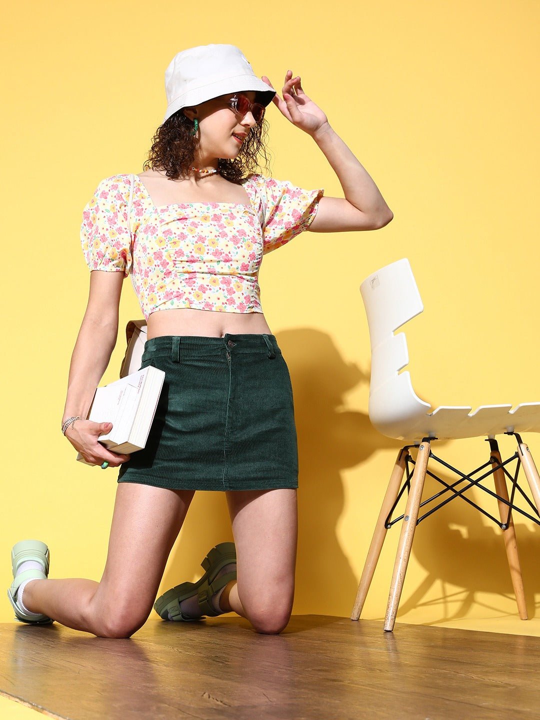 Folk Republic Women White & Pink Floral Printed Square Neck Crepe Cropped Top - #folk republic#