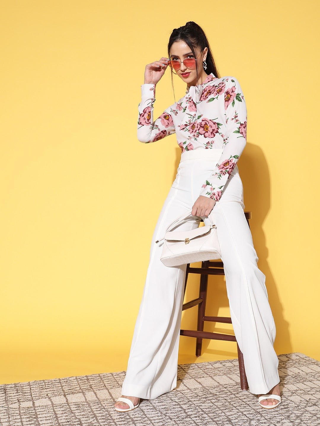 Folk Republic Women White & Pink Floral Printed Tie-Up Neck Crepe Regular Top - #folk republic#