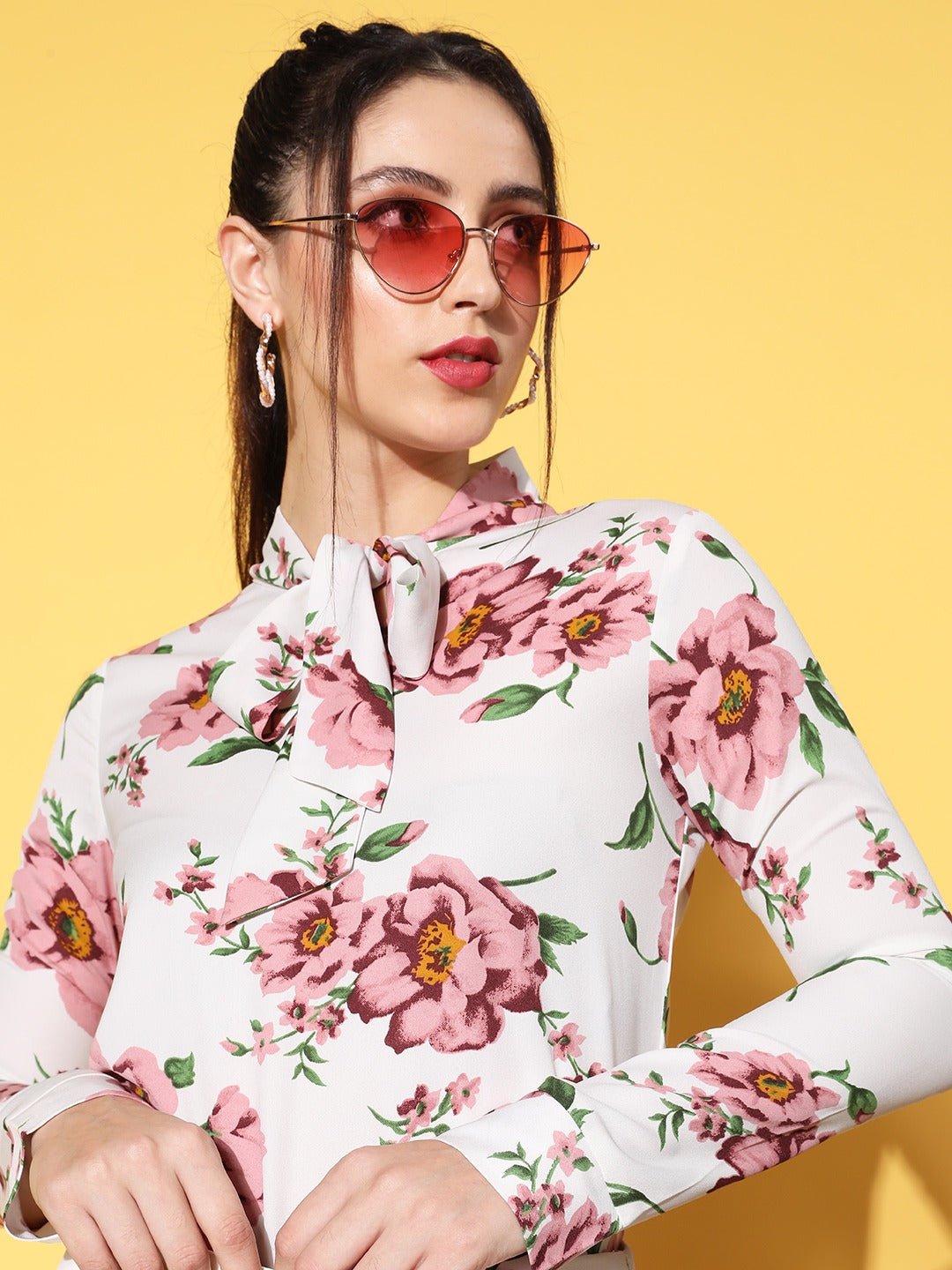 Folk Republic Women White & Pink Floral Printed Tie-Up Neck Crepe Regular Top - #folk republic#