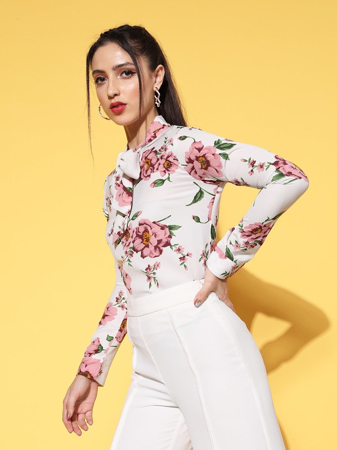 Folk Republic Women White & Pink Floral Printed Tie-Up Neck Crepe Regular Top - #folk republic#