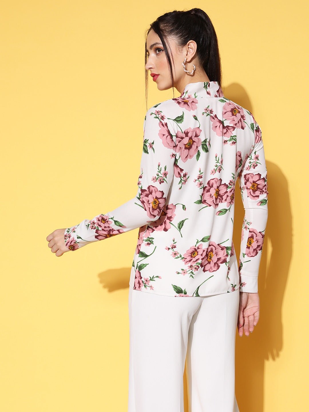 Folk Republic Women White & Pink Floral Printed Tie-Up Neck Crepe Regular Top - #folk republic#