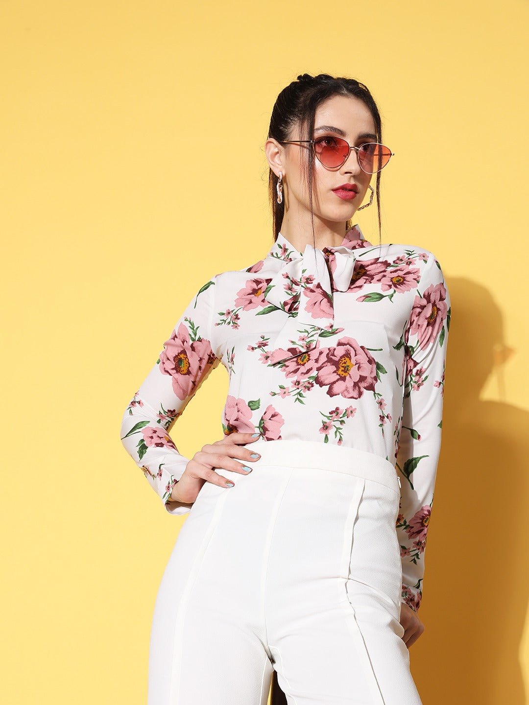 Folk Republic Women White & Pink Floral Printed Tie-Up Neck Crepe Regular Top - #folk republic#