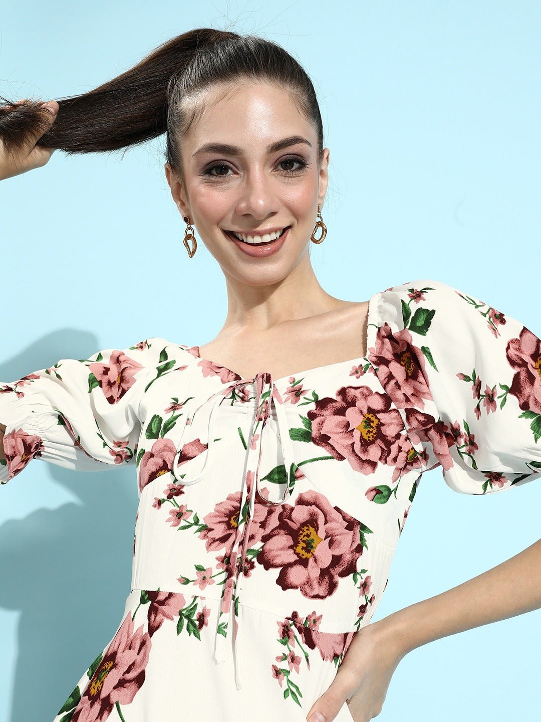 Folk Republic Women White & Pink Floral Printed Tie-Up Neck Pleated A-Line Mini Dress - #folk republic#