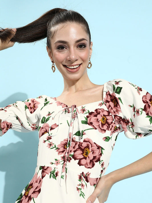 Folk Republic Women White & Pink Floral Printed Tie-Up Neck Pleated A-Line Mini Dress - #folk republic#