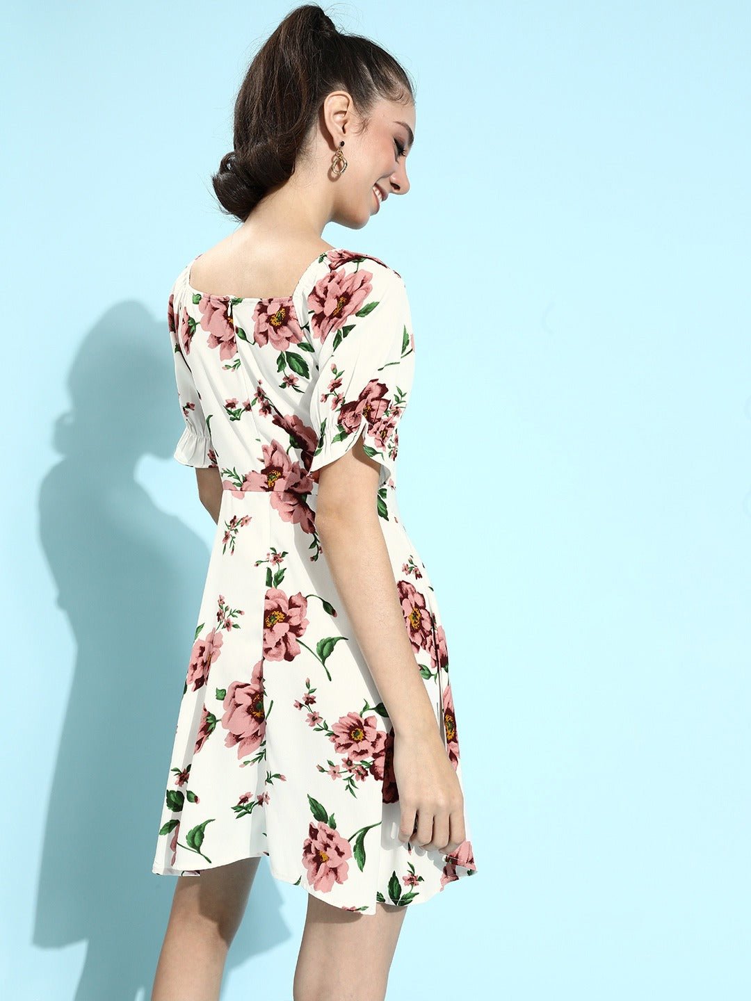Folk Republic Women White & Pink Floral Printed Tie-Up Neck Pleated A-Line Mini Dress - #folk republic#