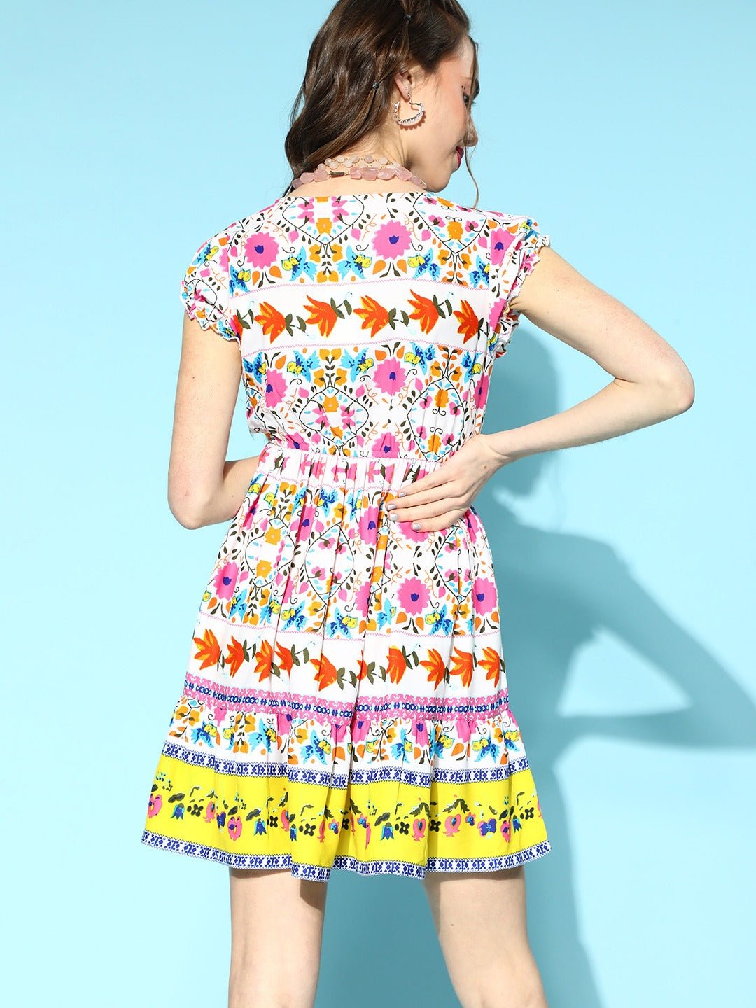 Folk Republic Women White & Pink Floral Printed V-Neck Cap Sleeve A-Line Wrap Mini Dress - #folk republic#