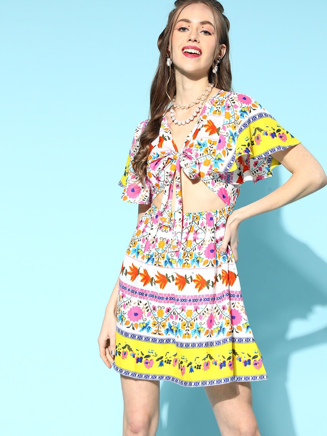 Folk Republic Women White & Pink Floral Printed V-Neck Front Tie-Up Cutout Crepe Flared A-Line Mini Dress - #folk republic#
