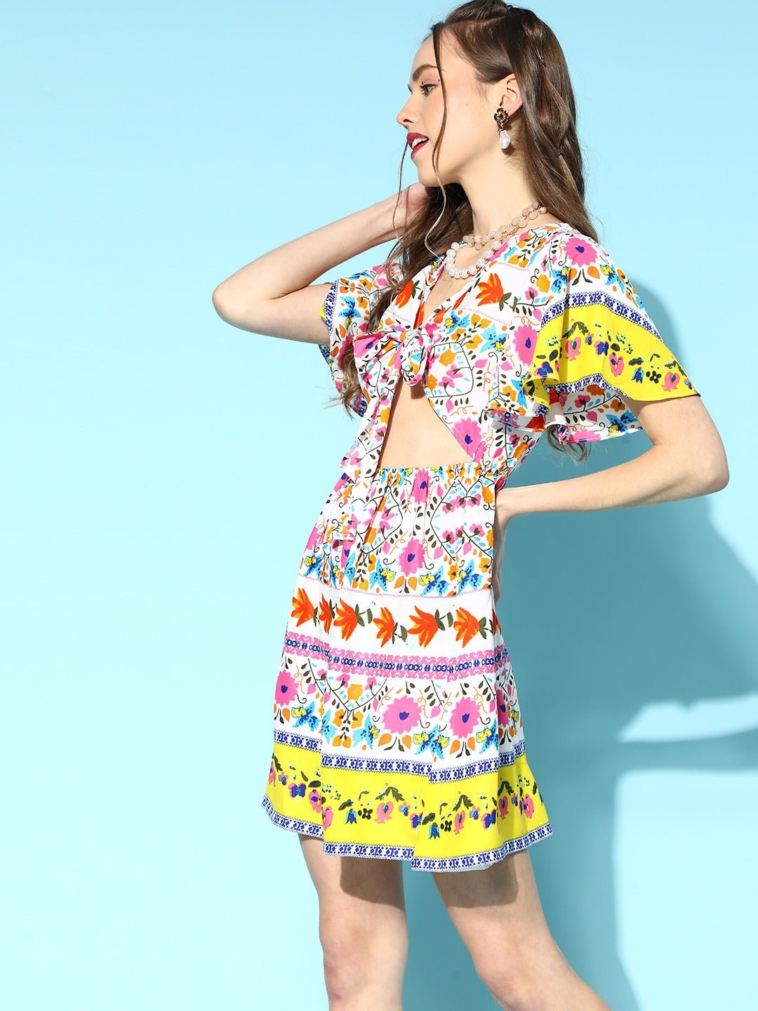 Folk Republic Women White & Pink Floral Printed V-Neck Front Tie-Up Cutout Crepe Flared A-Line Mini Dress - #folk republic#