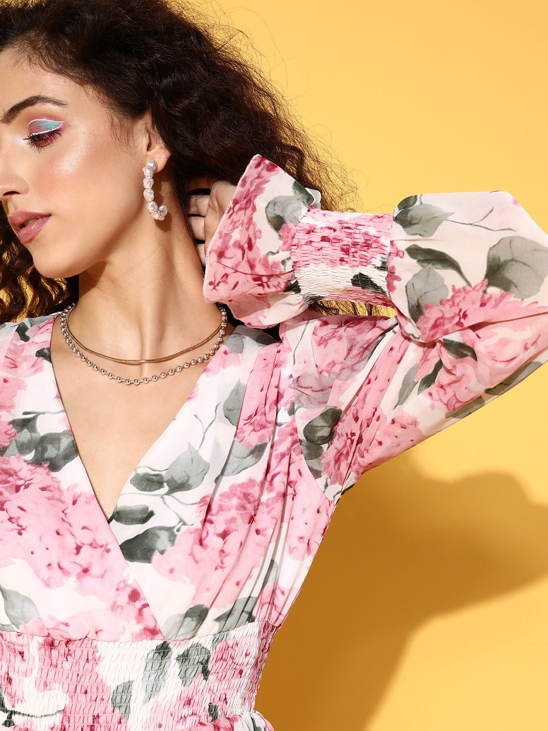 Folk Republic Women White & Pink Floral Printed V-Neck Puff Sleeve Layered Wrap Mini Dress - #folk republic#