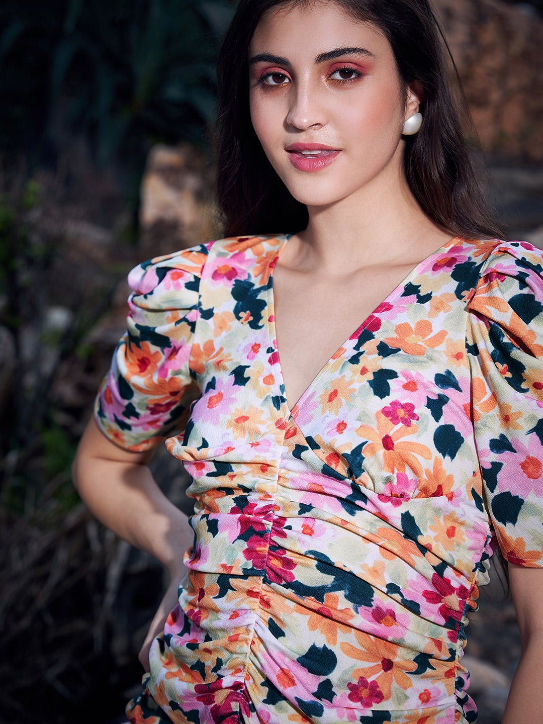 Folk Republic Women White & Pink Floral Printed V-Neck Puff Sleeve Slim-Fit Ruffled Bodycon Mini Dress - #folk republic#