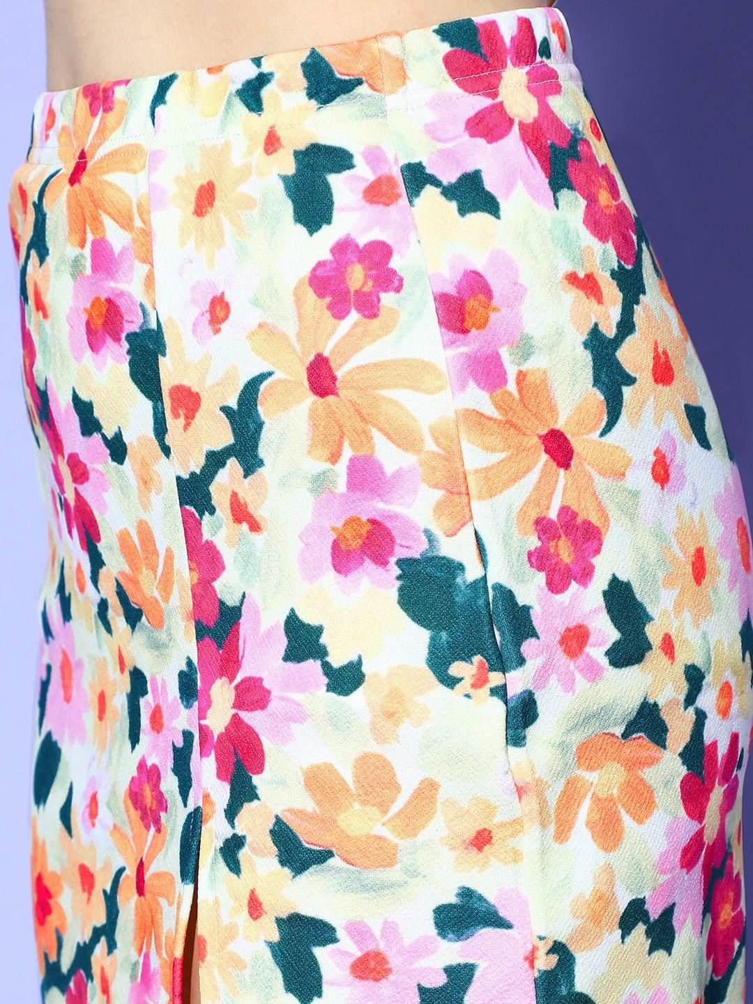 Folk Republic Women White, Pink, & Yellow Floral Printed High-Rise Waist Side Slit Pencil Mini Skirt - #folk republic#