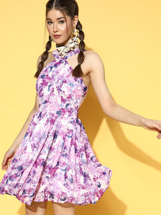 Folk Republic Women White & Purple Floral Printed Halter Neck Attach Lining Flared A-Line Mini Dress - #folk republic#