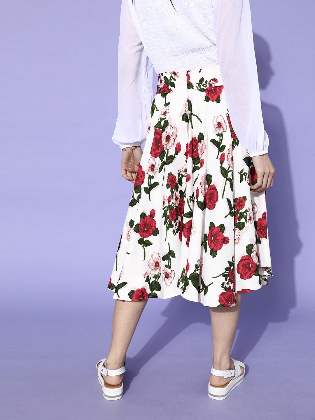Folk Republic Women White & Red Floral Printed Flared Skirt - #folk republic#