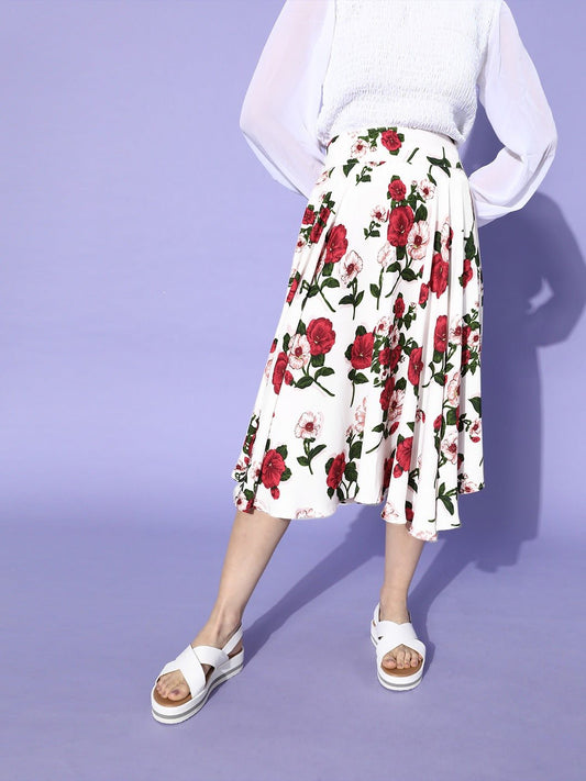 Folk Republic Women White & Red Floral Printed Flared Skirt - #folk republic#