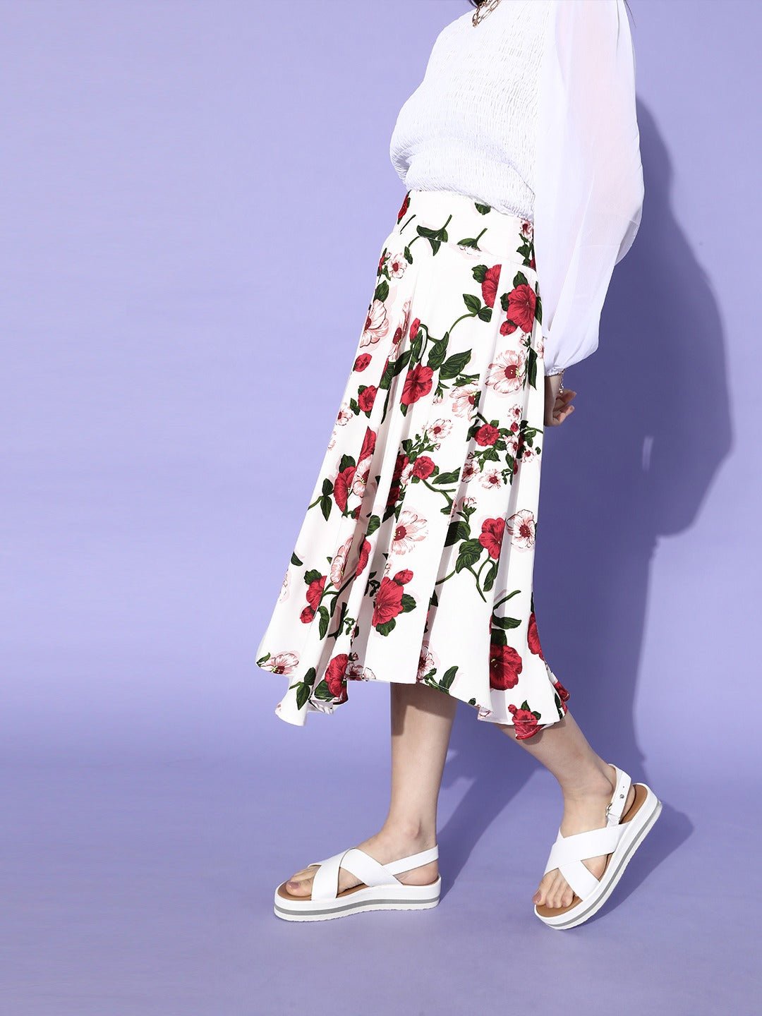 Folk Republic Women White & Red Floral Printed Flared Skirt - #folk republic#