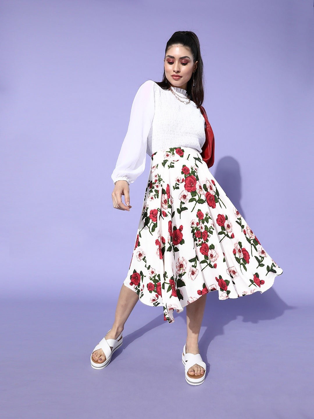 Folk Republic Women White & Red Floral Printed Flared Skirt - #folk republic#