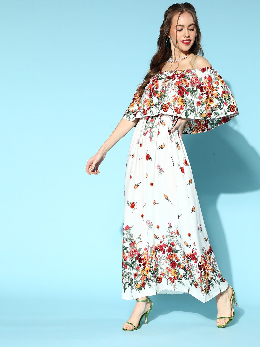 Folk Republic Women White & Red Floral Printed Off-Shoulder Neck Crepe Layered Maxi Dress - #folk republic#