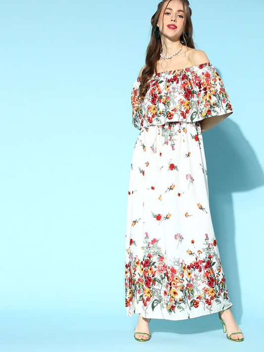 Folk Republic Women White & Red Floral Printed Off-Shoulder Neck Crepe Layered Maxi Dress - #folk republic#